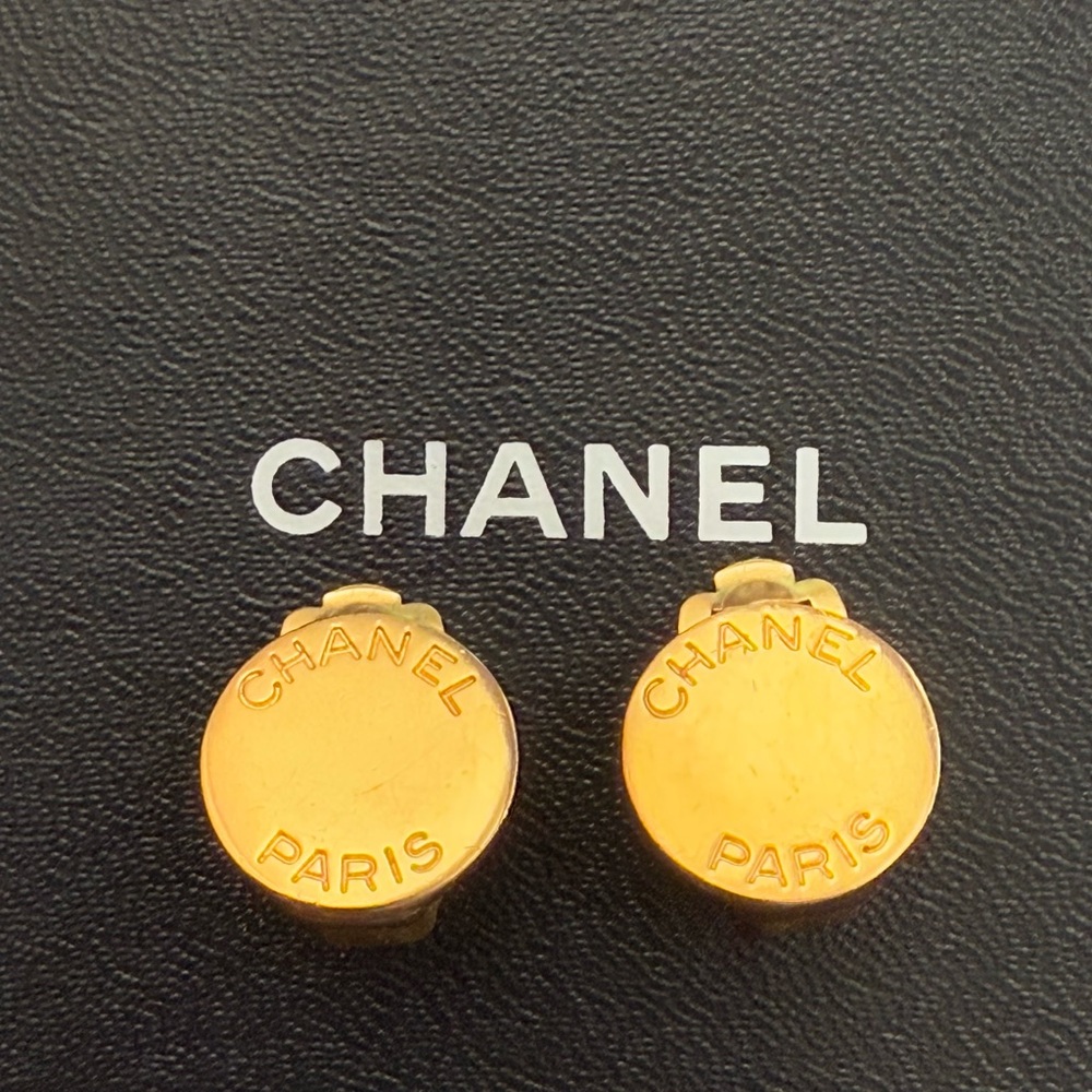 CHANEL Logo Round Gold Tone Earrings